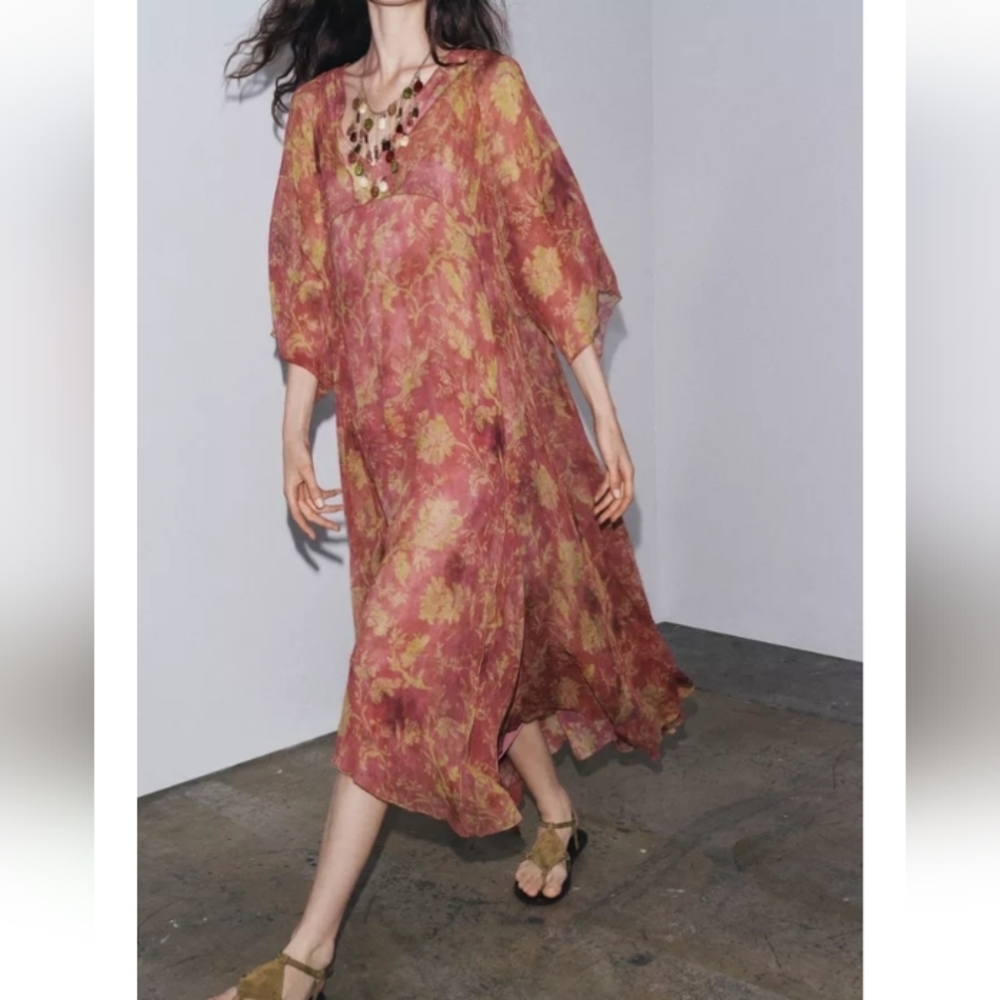 Zara Zw Collection Floral Print Boho  Flowy Loose Fit Long Dress Sz-Small